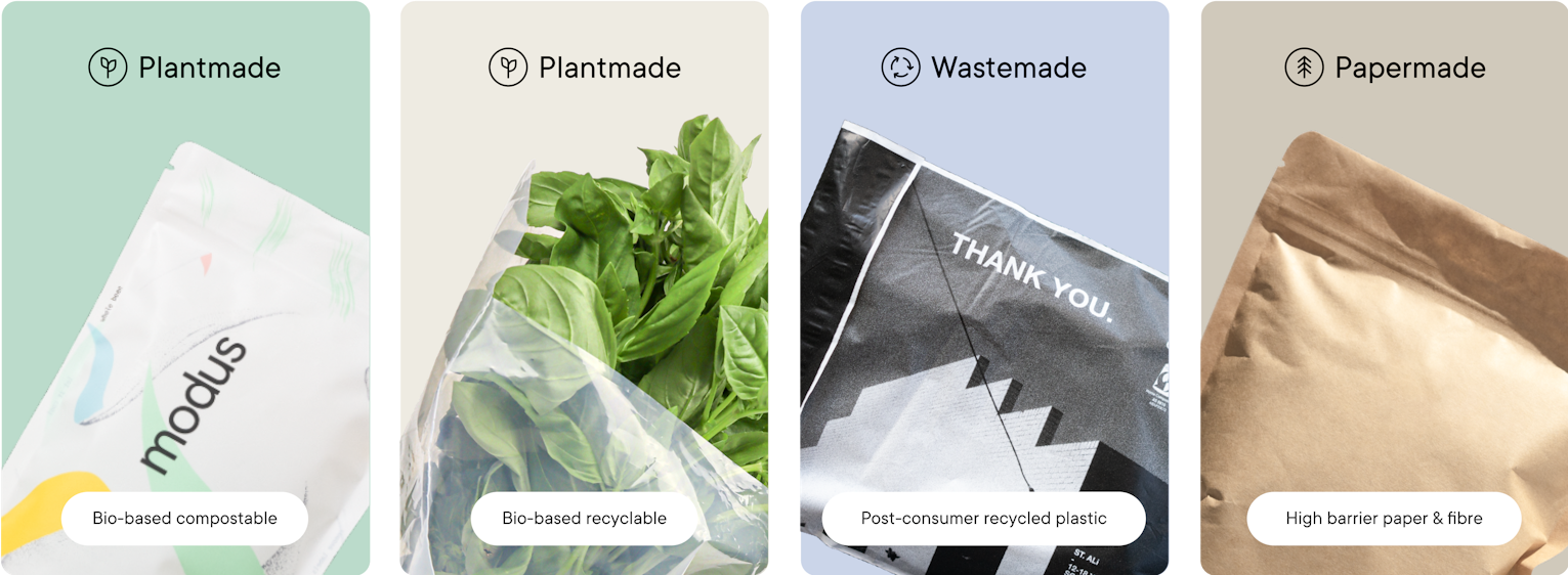 Different sustainable packaging materials for coffee: Bio-based compostable, Bio-based recyclable, Post-consumer recycled plastic, High barrier paper & fibre