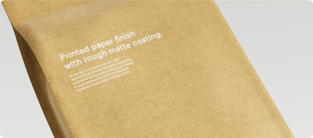 Sustainable coffee packaging with printed paper finish with rough matte coating